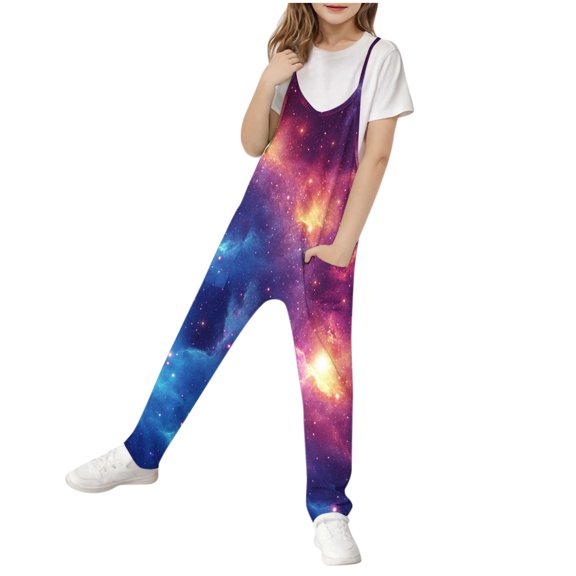 Odeerbi 5-14 Years Kids Girls Summer Jumpsuit Starlit Sky Camisole Romper Spring Casual Breathable Comfortable Overalls Strap Bib Overall Pants Playsuit