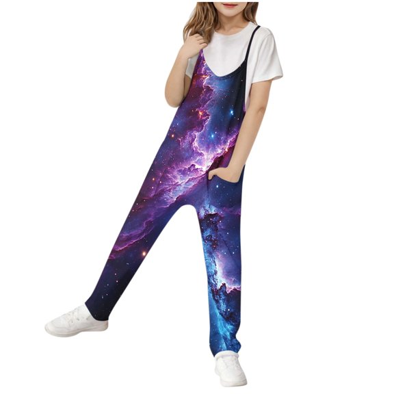 Odeerbi 5-14 Years Kids Girls Summer Jumpsuit Starlit Sky Camisole Romper Spring Casual Breathable Comfortable Overalls Strap Bib Overall Pants Playsuit