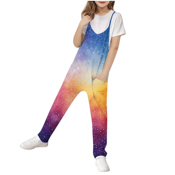 Odeerbi 5-14 Years Kids Girls Summer Jumpsuit Starlit Sky Camisole Romper Spring Casual Breathable Comfortable Overalls Strap Bib Overall Pants Playsuit