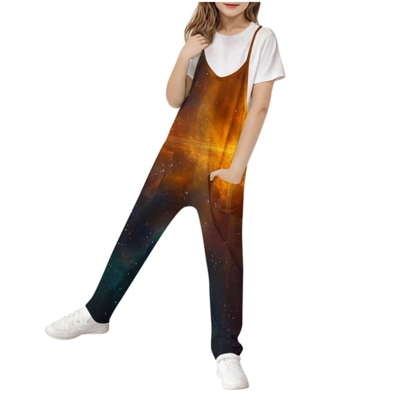 Odeerbi 5-14 Years Kids Girls Summer Jumpsuit Starlit Sky Camisole Romper Spring Casual Breathable Comfortable Overalls Strap Bib Overall Pants Playsuit