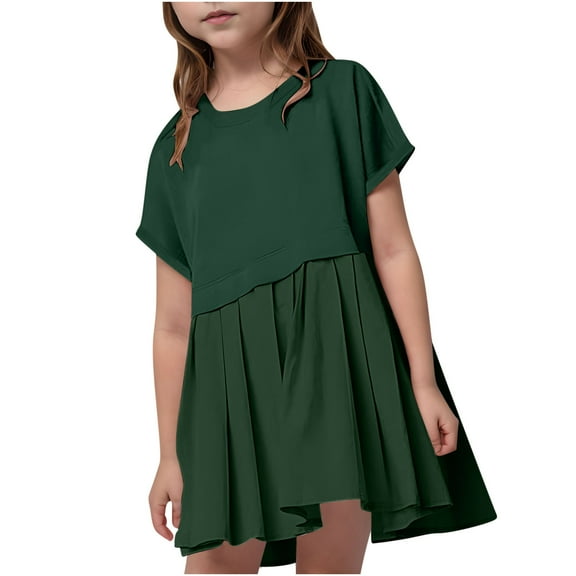 Odeerbi 5-14 Years Kids Girls Summer Patchwork Pleated A Line Dress Cute Beach Boho Mini Sweatshirt Dress Kids Solid Color Short Sleeve Tennis Dress Kids Girls Clothes
