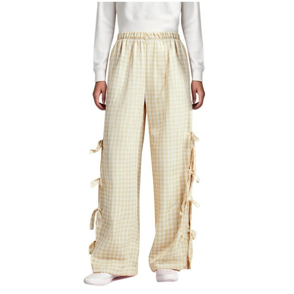 Odeerbi 5-14 Years Teen Girls Bow Tie Side Wide Leg Pants Casual Solid Color Summer Plaid Adjustable Waist Pants with Pocket