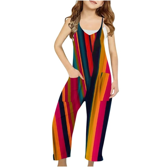 Odeerbi 5-14 Years Teen Girls Summer Jumpsuit Colorful Striped Camisole Romper Casual Overalls Bib Overall Pantss with Pockets