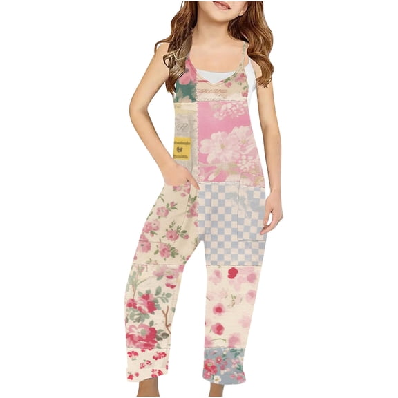 Odeerbi 5-14 Years Teen Girls Summer Jumpsuit Floral Print Camisole Romper Casual Overalls Bib Overall Pantss with Pockets