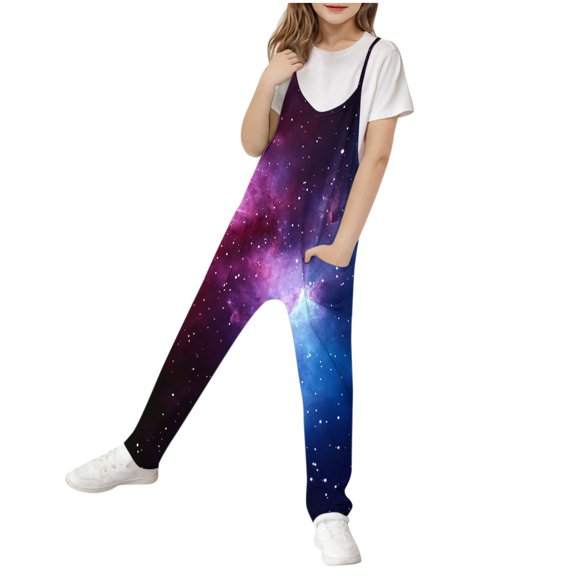 Odeerbi 5-14 Years Teen Girls Summer Jumpsuit Starlit Sky Camisole Romper Spring Casual Breathable Comfortable Overalls Strap Bib Overall Pants Playsuit
