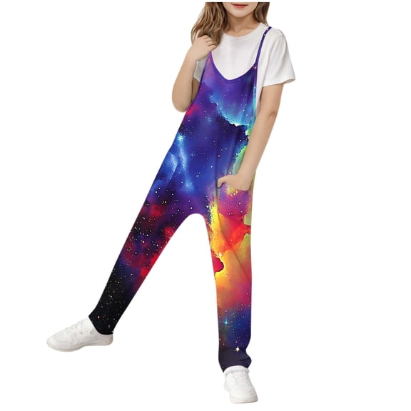 Odeerbi 5-14 Years Teen Girls Summer Jumpsuit Starlit Sky Camisole Romper Spring Casual Breathable Comfortable Overalls Strap Bib Overall Pants Playsuit