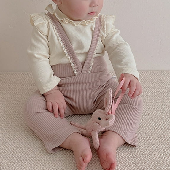 Odeerbi 5-14M Infant Girls Rib Knit Cotton Overall Pants Children's Lace Trim Jumpsuit Romper Backpack Long Pants Spring Fall High Waist Suspenders Bottoming Pants Purple