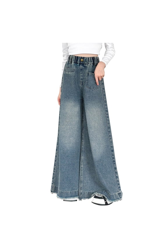 5-15 Years Kids Girls Wide Leg Jeans Denim Pants High Waist Cowboy Pants with Pocket