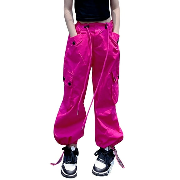 Odeerbi 5-16 Years Kids Girls Cargo Pants Athletic Sports Jogger Pants Spring Solid Color Loose Work Pants with Multiple Pockets