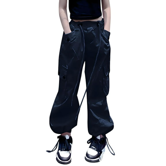 Odeerbi 5-16 Years Kids Girls Cargo Pants Athletic Sports Jogger Pants Spring Solid Color Loose Work Pants with Multiple Pockets