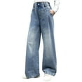 thumbnail image 1 of Odeerbi 5-16 Years Kids Girls Wide Leg Jeans Cute Denim Pants High Waisted Button Loose Pants with Pocket, 1 of 9