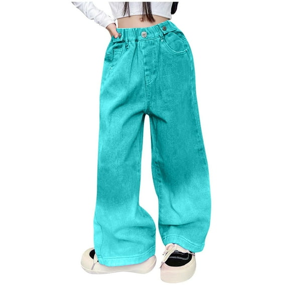 Odeerbi 5-16 Years Teen Girls Wide Leg Jeans Gradient Denim Pants Spring Casual Cowboy Pants with Pocket