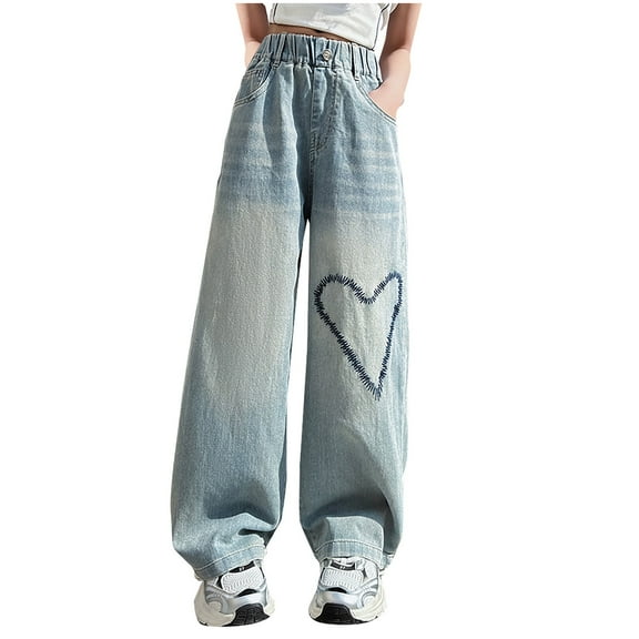 Odeerbi 5-16 Years Teen Girls Wide Leg Jeans Love Embroidered Denim Pants Loose High Waist Cowboy Pants with Pocket