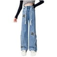 thumbnail image 1 of Odeerbi 5-16 Years Teen Girls Wide Leg Jeans Raw Hem Denim Pants Spring Casual Star Printed Cowboy Pants, 1 of 5