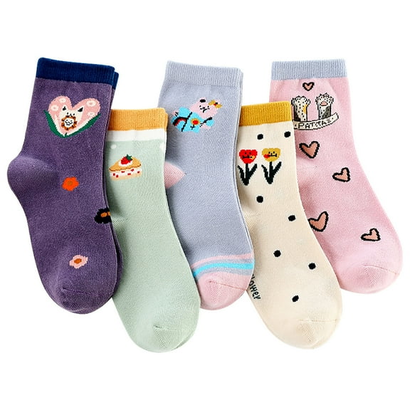 Odeerbi 5 PCS Cotton Crew Socks for Toddler Boys Girls Breathable Cute Soft Socks Kids Children Print Warm Middle Tube Socks