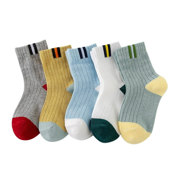 Odeerbi 5 PCS Cotton Socks for Toddler Boys Girls Cute Soft Crew Socks Color Block Breathable Baby Non-slip Socks