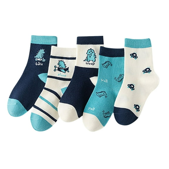 Odeerbi 5 PCS Dinosaur Cotton Crew Socks for Kids Boys Girls Cute Soft Breathable Socks Children's Comfortable Socks