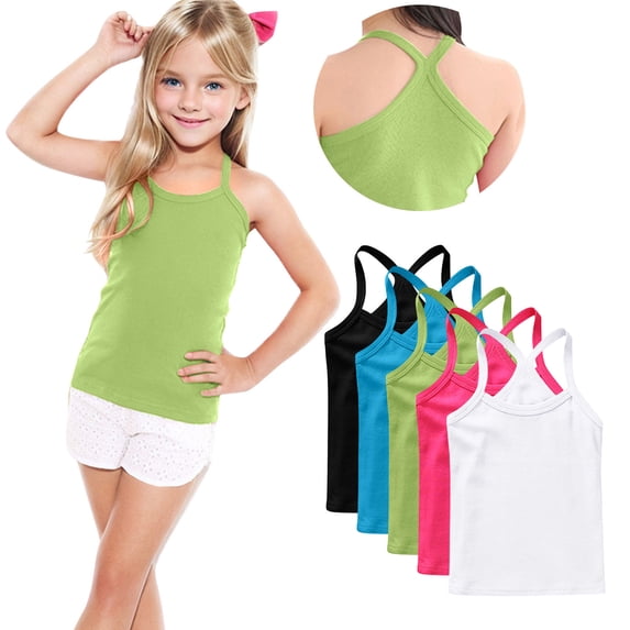 Odeerbi 5 Pack Toddler Kids Girls Camisoles Cotton Y-Back Tank Tops Soft Basic Sleeveless Undershirts, 1-13 Years