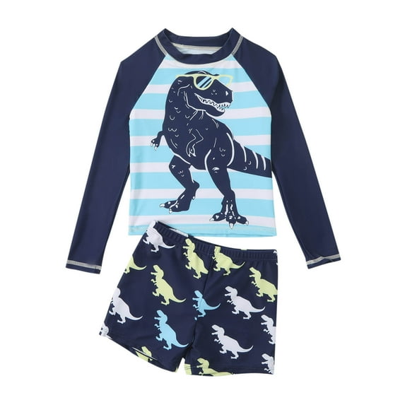 Odeerbi 6-12 Years Kids Boys Long Sleeve Rash Guard Swimsuits Two Pieces Athletic Training Swimsuit Surfing Swimwear Dinosaur Printed Sunscreen Bathing Suit with Swim Trunks Set