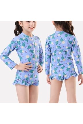 6-12 Years Kids Girls Long Sleeve Rash Guard Swimsuits Summer Beach One Piece Athletic Training Swimsuit Hawaiian Surfing Swimwear Sun Protection Bathing Suit