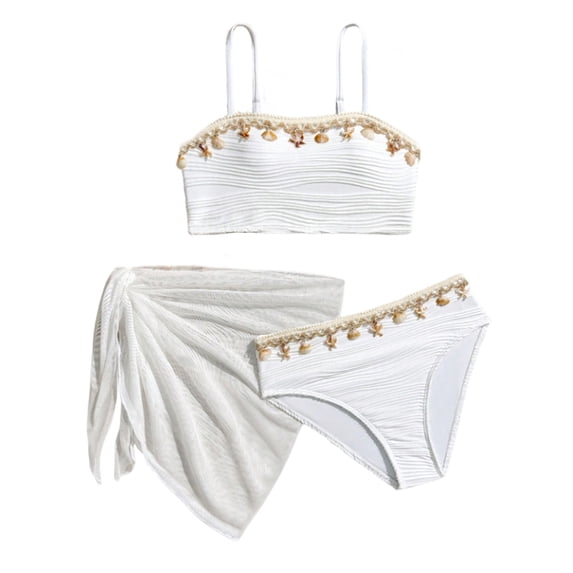 Odeerbi 6-13 Years Kids Teen Girls 3-Piece Swimsuit Set Summer Shell Decoration Bikini Set with Sarong Coverups Cute Bathing Suit
