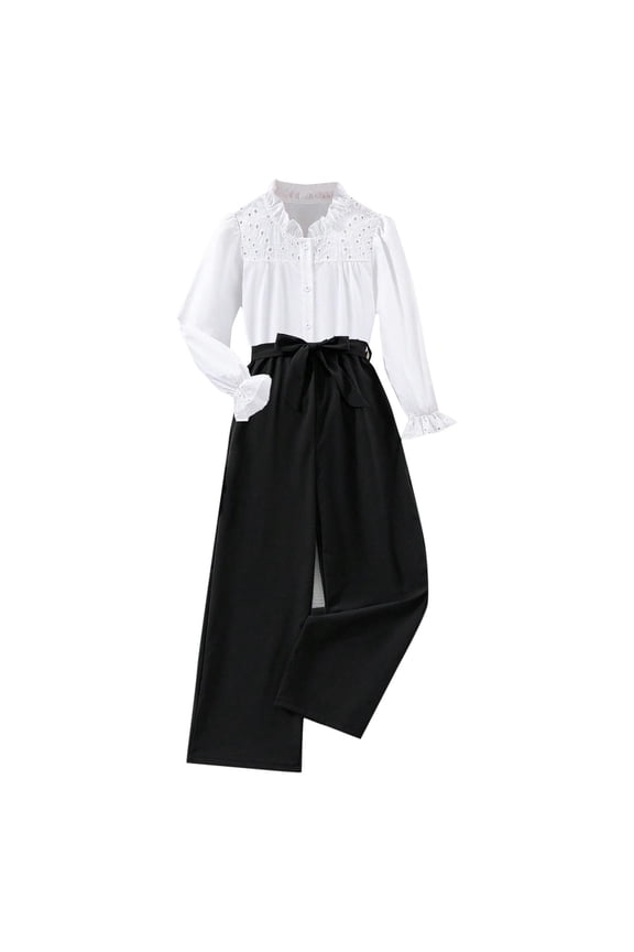6-13 Years Teen Girls Outfits Ruffle Lace Long Sleeve Shirt Wide Leg Pants Two-piece Set Casual Loungewear Teen Girls Clothes