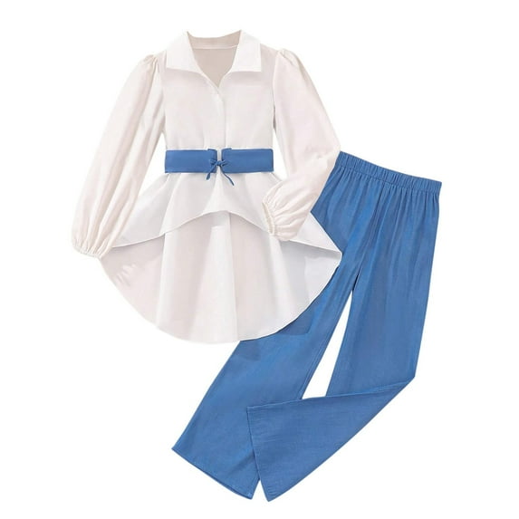 Odeerbi 6-13 Years Teen Girls Outfits Ruffle Long Sleeve High Low Shirt Wide Leg Pants Two-piece Set Casual Loungewear Teen Girls Clothes