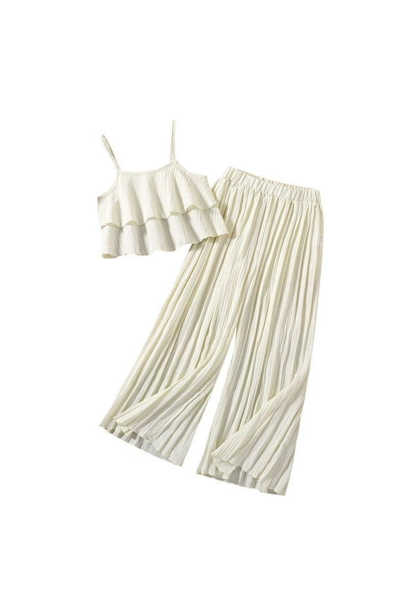 6-13 Years Teen Girls Summer Outfits Chiffon Ruffle Camisole Tops Pleated Wide Leg Pants Two-piece Set Solid Color Elastic Waist Pants Set Teen Girls Clothes