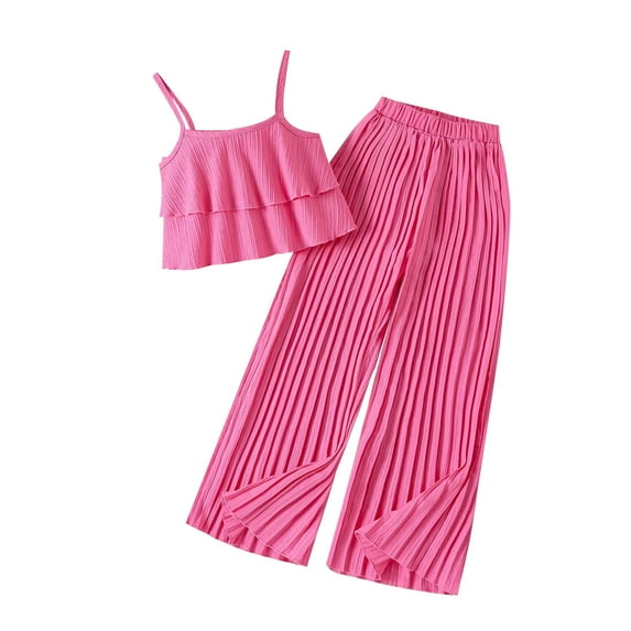 Odeerbi 6-13 Years Teen Girls Summer Outfits Chiffon Ruffle Camisole Tops Pleated Wide Leg Pants Two-piece Set Solid Color Elastic Waist Pants Set Teen Girls Clothes