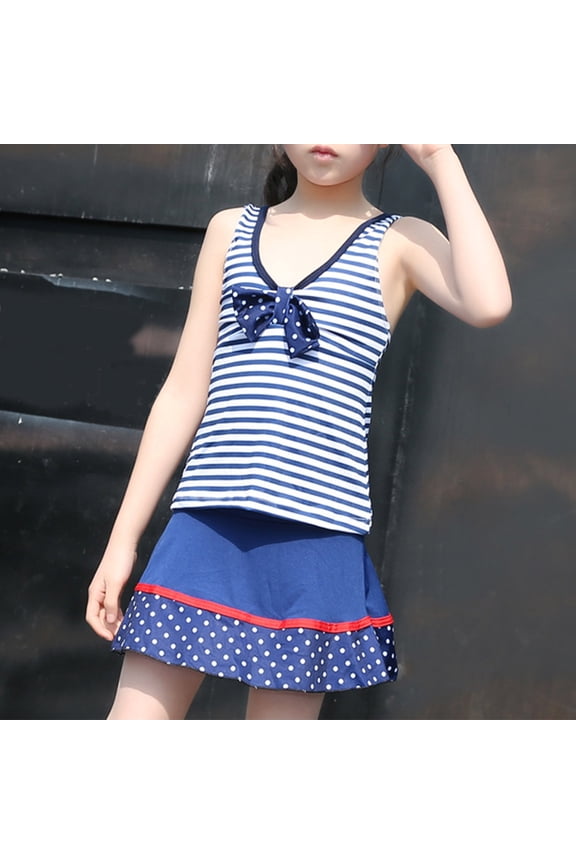 6-13 Years Teen Girls Two Pieces Swim Skirt Set Summer Striped Training Swimdress with Shorts Set Beach Hawaiian Beachwear Children's Swimsuit Skirt Sun Protection Swimwear