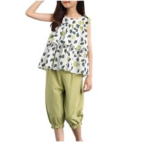Odeerbi 6-14 Years Kids Girls Summer Outfits Floral Cotton Tank Tops Capris Two-piece Set Green Bow Sleeveless Top Cropped Pants Set Kids Girls Clothes
