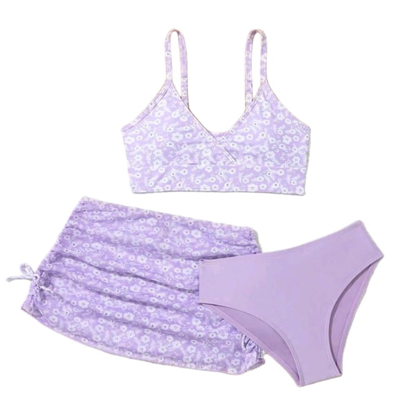 Odeerbi 6-14 Years Kids Teen Girls 3-Piece Swimsuit Set Summer Floral Print Bikini Set with Sarong Coverups Cute Bathing Suit