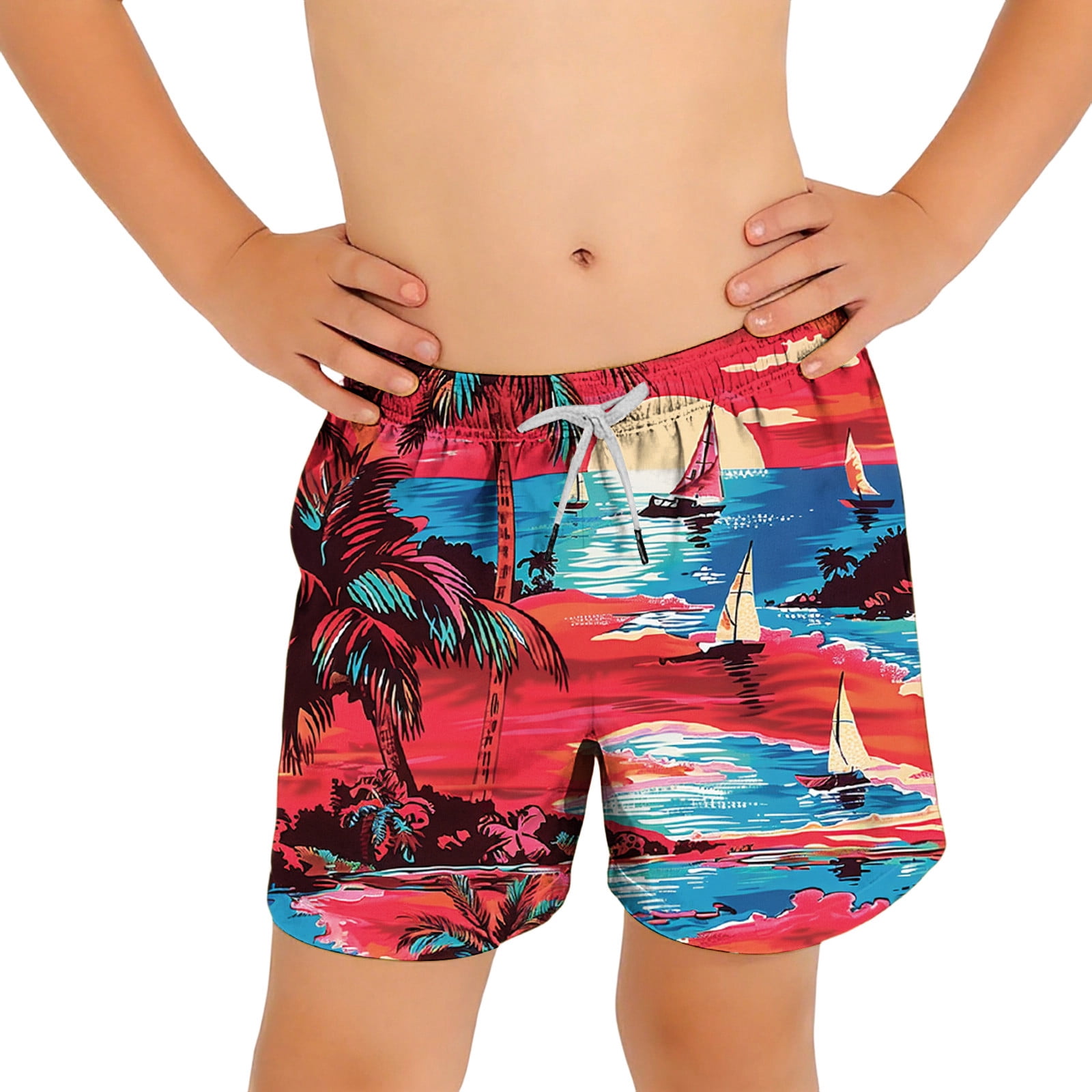 Odeerbi 6-15 Years Kids Teen Boys Hawaiian Print Swim Trunks Quick