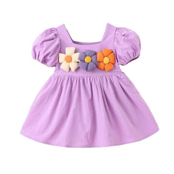 Odeerbi 6 M-3 Y Infant Toddler Girls Summer Floral Applique Cotton Dress Casual Puff Sleeve Square Neck A-Line Dress