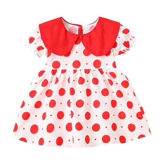 Odeerbi 6 M-3 Y Infant Toddler Girls Summer Polka Dot Cotton Dress Casual Contrast Peter Pan Collar Puff Sleeve A-Line Dress