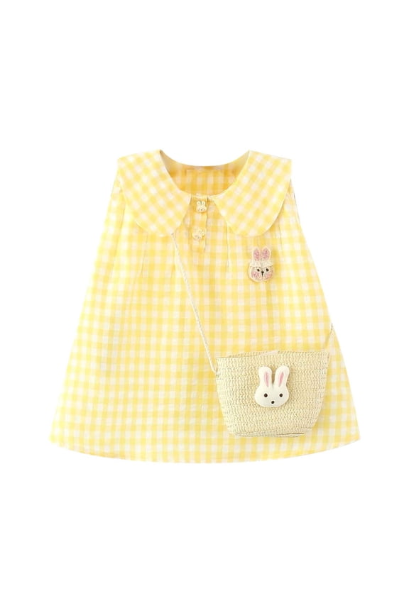 6 M-4 Y Infant Toddler Girls Summer Cute Bunny Plaid Tank Dress with Matching Bag Casual Peter Pan Collar A-Line Sun Dress