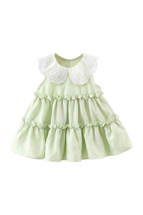 6 M-4 Y Infant Toddler Girls Summer Lace Peter Pan Collar Tank Dress Cotton Casual Ruffle Tiered Sun Dress