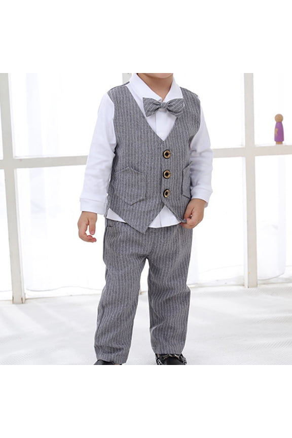 6M-10Y Kids Boys Striped Cotton Gentleman Formal Dress Suit Children Long Sleeves Bow Dress Shirt Suit Pants Waistcoat Three Piece Set Kids Boys Clothes