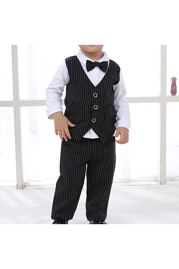 6M-10Y Toddler Boys Striped Cotton Gentleman Formal Dress Suit Children Long Sleeves Bow Dress Shirt Suit Pants Waistcoat Three Piece Set Toddler Boys Clothes