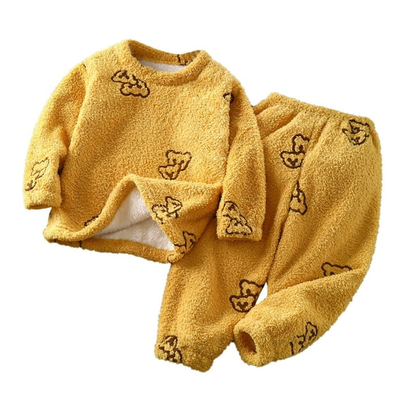 Odeerbi 6M-12Y Toddler Boys Girls Fleece Pajama Set Cute Soft Pajamas Kids Winter Solid Color Cute Pattern Long Sleeved Thickening Home Wear Clothes Suit Baby Clothes Yellow