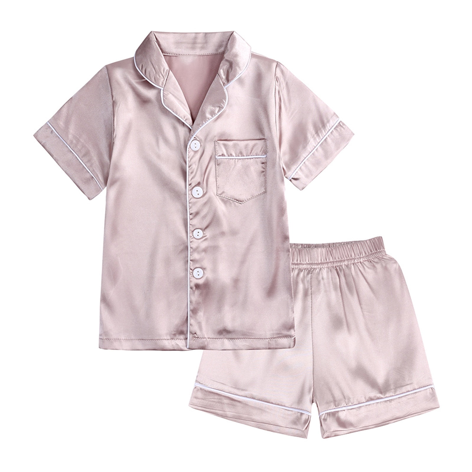 6M-13Y Infant Boys Girls Silk Satin Pajama Set Cute Soft Pajamas Toddler Kids Solid Color Short Sleeve Sleep Suit Baby Clothes Khaki