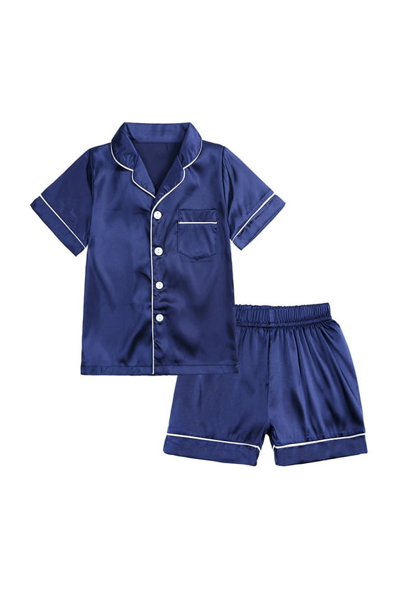 6M-13Y Teen Boys Girls Silk Satin Pajama Set Cute Soft Pajamas Toddler Kids Solid Color Short Sleeve Sleep Suit Baby Clothes Blue