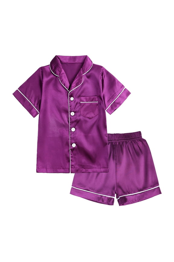 6M-13Y Toddler Boys Girls Silk Satin Pajama Set Cute Soft Pajamas Kids Solid Color Short Sleeve Sleep Suit Baby Clothes Purple