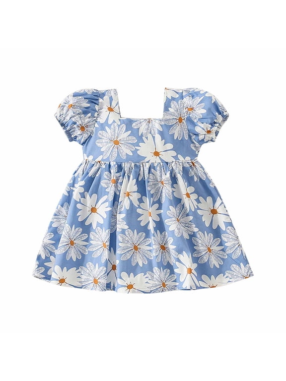 6M-3Y Infant Girls Cute Dresses Cotton Dress Toddler Summer Daisy Dress Round Neck Bubble Short Sleeve Bow Floral Dress Baby Clothes Blue