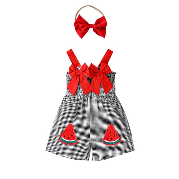 Odeerbi 6M-3Y Infant Girls Summer Cotton Jumpsuit Bow Watermelon Embroidered Camisole Romper with Headband Set Overalls Bib Overall Shorts