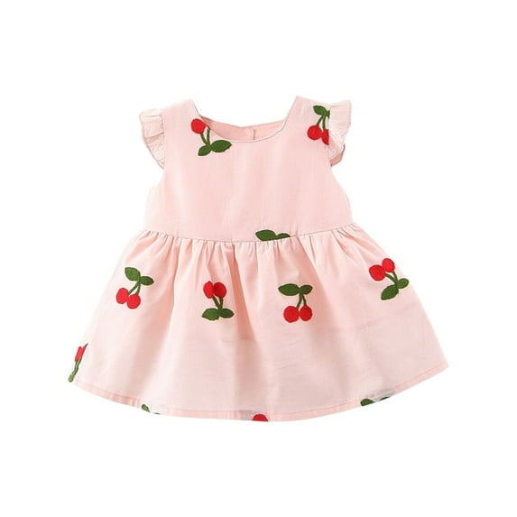 Odeerbi 6M-3Y Toddler Girls Cute Dresses Cotton Dress Summer Sleeveless Floral Fruit Embroidered Ruffle Cap Sleeve Dress Baby Clothes Pink