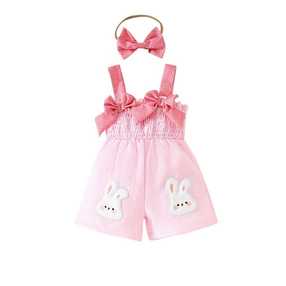 Odeerbi 6M-3Y Toddler Girls Summer Cotton Jumpsuit Bow Rabbit Embroidered Camisole Romper with Headband Set Overalls Bib Overall Shorts