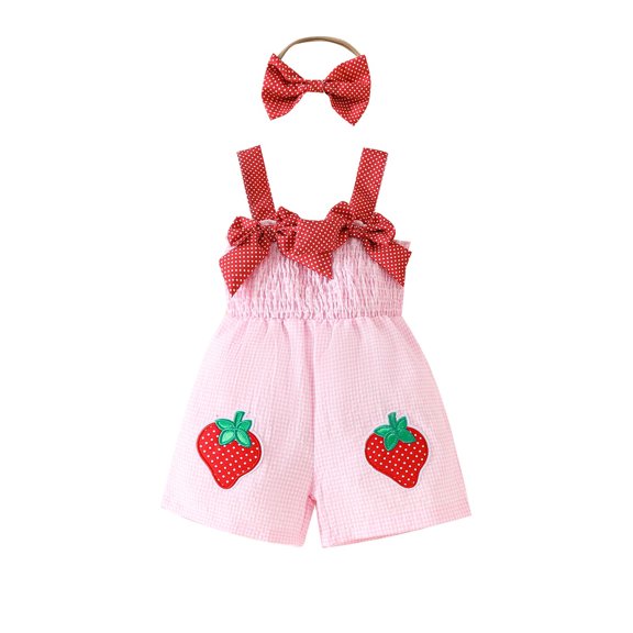 Odeerbi 6M-3Y Toddler Girls Summer Cotton Jumpsuit Bow Strawberry Embroidered Camisole Romper with Headband Set Overalls Bib Overall Shorts