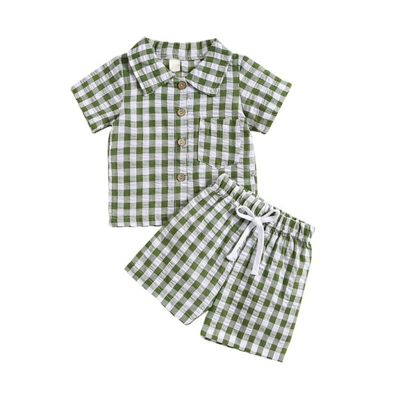 Odeerbi 6M-4Y Toddler Boys Girls Summer Outfits Cotton Plaid Short Sleeve Shirt Shorts Two-piece Set Cute Lattice Print Casual Loungewear Toddler Boys Girls Clothes