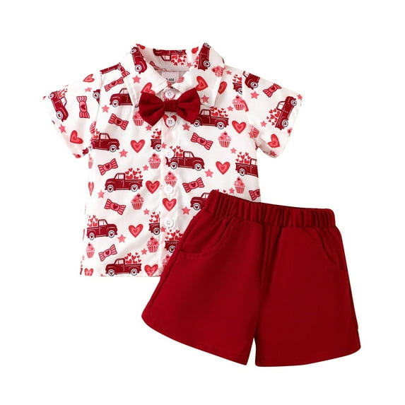 Odeerbi 6M-4Y Toddler Boys Girls Summer Valentines Day Outfits Cotton Gentleman Formal Dress Suit Short Sleeve Dress Shirt Elastic Waist Shorts Two-piece Set Toddler Boys Girls Clothes